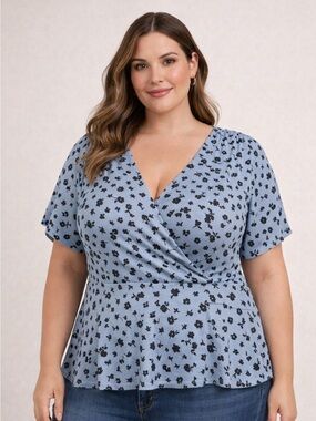 Leith Blue and Black Floral Wrap Top